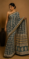 Pure Indigo Green Block Print Chanderi Silk Saree
