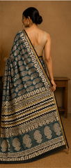Pure Indigo Green Block Print Chanderi Silk Saree