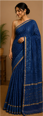 Pure Deep Blue Block Print Chanderi Silk Saree