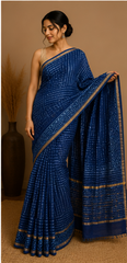 Pure Deep Blue Block Print Chanderi Silk Saree