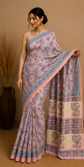 Pure Lavender Block Print Chanderi Silk Saree