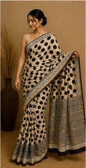 Pure Cream Dots Block Print Chanderi Silk Saree