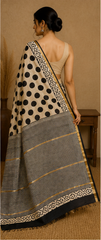 Pure Cream Dots Block Print Chanderi Silk Saree