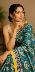 Pure Teal Blue Block Print Chanderi Silk Saree