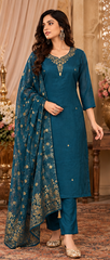 Women Premium Peacock Blue Roman Silk Jacqaurd Butti Kurta Pant and Dupatta set