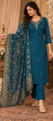 Women Premium Peacock Blue Roman Silk Jacqaurd Butti Kurta Pant and Dupatta set