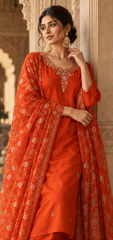 Women Premium Rust Roman Silk Jacqaurd Butti Kurta Pant and Dupatta set