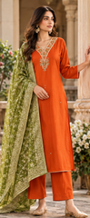 Women Premium Rust Tone Roman Silk Jacquard Chunni Kurta Pant and Dupatta set