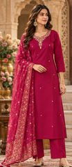 Women Premium Rani Roman Silk Jacqaurd Butti Kurta Pant and Dupatta set