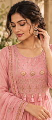 Women Premium Baby Pink Mul Chanderi Embroidery Kurta Pant and Dupatta set