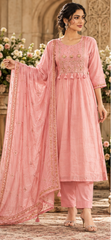 Women Premium Baby Pink Mul Chanderi Embroidery Kurta Pant and Dupatta set