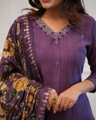Trending Handloom Dupatta Purple cotton Kurta Pant and Dupatta set