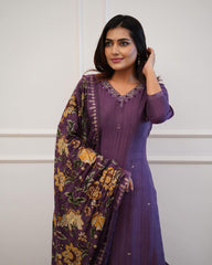 Trending Handloom Dupatta Purple cotton Kurta Pant and Dupatta set