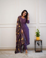 Trending Handloom Dupatta Purple cotton Kurta Pant and Dupatta set