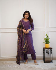 Trending Handloom Dupatta Purple cotton Kurta Pant and Dupatta set