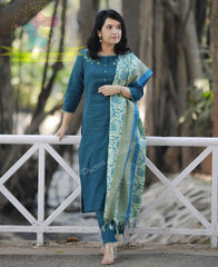 Premium Cotton Embroidery Green Kurta Pant and Dupatta set
