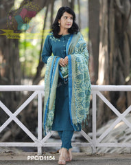 Premium Cotton Embroidery Green Kurta Pant and Dupatta set