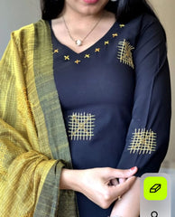 Premium Bhagalpuru Cotton Black kurta Pant and Dupatta set