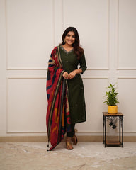 Trending Cotton Green Kurta Pant and Dupatta set