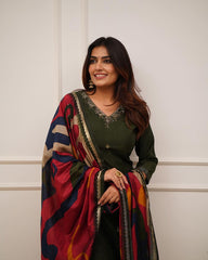 Trending Cotton Green Kurta Pant and Dupatta set