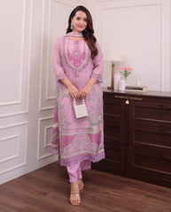 Women Lilac Muslin Pakistani Kurta Pant and Chanderi Dupatta set