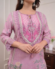 Women Lilac Muslin Pakistani Kurta Pant and Chanderi Dupatta set