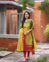 Women Yellow South Kanchi Cotton Kurta Pant and Dupatta set