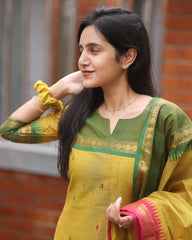 Women Yellow South Kanchi Cotton Kurta Pant and Dupatta set