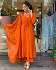 Women Cotton Orange Kurta Pant and Dupatta set
