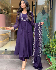 Women Purple Cotton Kurta Pant and Mulmul Dupatta set