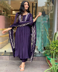 Women Purple Cotton Kurta Pant and Mulmul Dupatta set