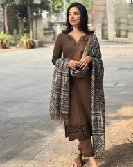 Women Coffee Cotton Kurta Pant and Dupatta set