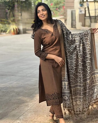 Women Coffee Cotton Kurta Pant and Dupatta set