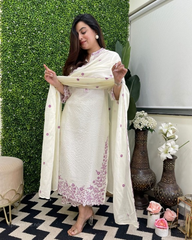 Women Cotton White Supreme Kurta Pant and Mulmul Dupatta set