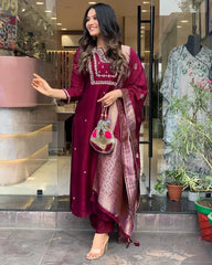 Women Roman Silk Maroon Kurta Pant and Banarasi Dupatta set