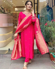 Women Chanderi Silk Red Kurta Pant and Banarasi Dupatta set