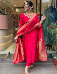 Women Chanderi Silk Red Kurta Pant and Banarasi Dupatta set