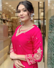 Women Chanderi Silk Red Kurta Pant and Banarasi Dupatta set