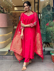 Women Chanderi Silk Red Kurta Pant and Banarasi Dupatta set