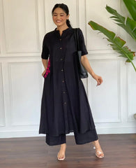 Women Black Pocket Embroidery Cotton Kurta Palazzo set