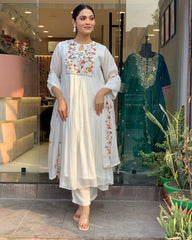 Women White Cotton Embroidery Kurta Pant and Dupatta set