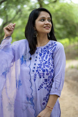Women Purple Cotton Embroidery Kurta Pant and Organza Dupatta set