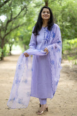 Women Purple Cotton Embroidery Kurta Pant and Organza Dupatta set