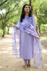 Women Purple Cotton Embroidery Kurta Pant and Organza Dupatta set