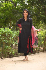 Women Black Cotton Embroidery Kurta Pant and Organza Dupatta set