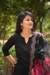 Women Black Cotton Embroidery Kurta Pant and Organza Dupatta set