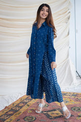Women Blue Dabbu Print Cotton Kurta Pant set