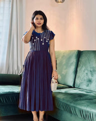 Women Navy Blue Cotton Embroidery Middi Gown