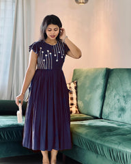 Women Navy Blue Cotton Embroidery Middi Gown