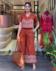 Women Orange Cotton Chic Embroidery Co-Ord Set